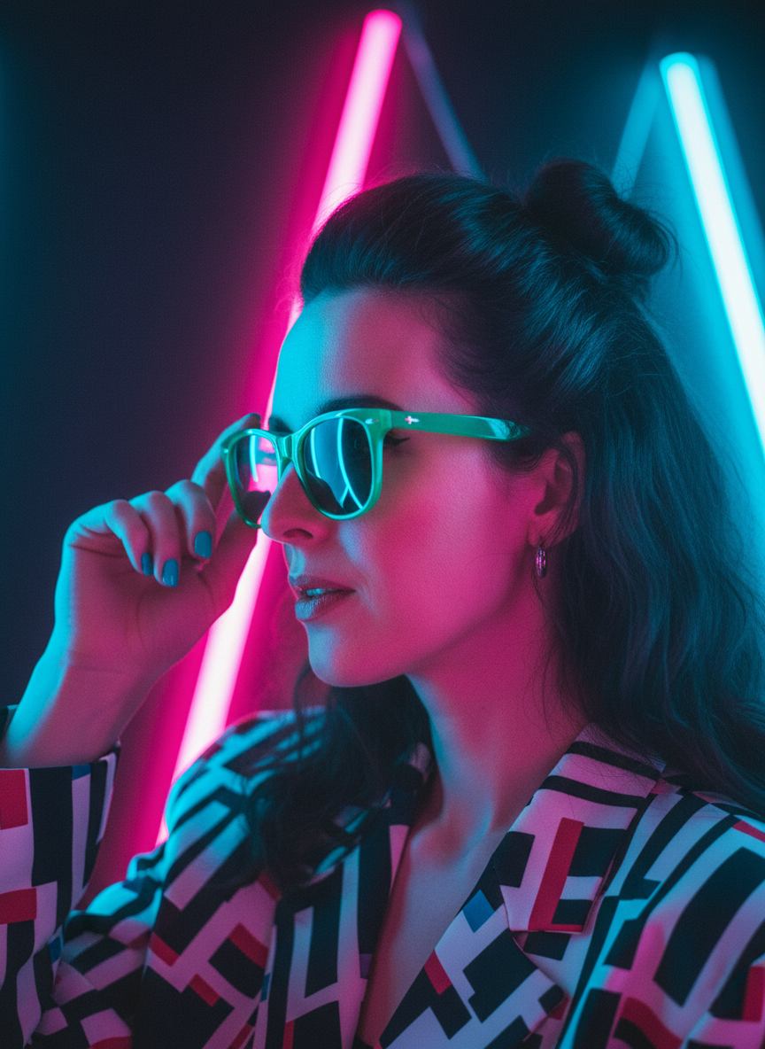 Obraz przedstawia portret kobiety w futurystycznej, neonowej scenerii. Kobieta ma na sobie marynarkę w czarno-biało-czerwone, geometryczne wzory. Jej włosy są upięte w kok. Na nosie ma okulary przeciwsłoneczne z zielonymi oprawkami, które delikatnie podnosi prawą ręką. Tło zdjęcia jest ciemne, oświetlone neonowymi światłami: po lewej stronie znajduje się różowa, pionowa lampa, a po prawej — niebieska, skośna, która tworzy trójkąt. Na paznokciach kobiety widoczny jest jasnoniebieski lakier. Ułożenie światła tworzy grę cieni i odblasków na twarzy.