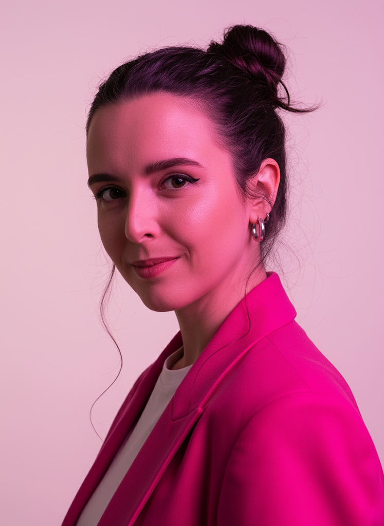 Portret przedstawia kobietę z bliska, patrzącą wprost w obiektyw. Ma na sobie białą koszulę oraz jasnoróżową marynarkę. Włosy są upięte w luźny kok. Tło obrazu jest jasnoróżowe, oświetlone subtelnym światłem, które nadaje całości ciepły, łagodny wygląd. Kobieta delikatnie się uśmiecha, a jej wyraz twarzy jest spokojny i pewny siebie.