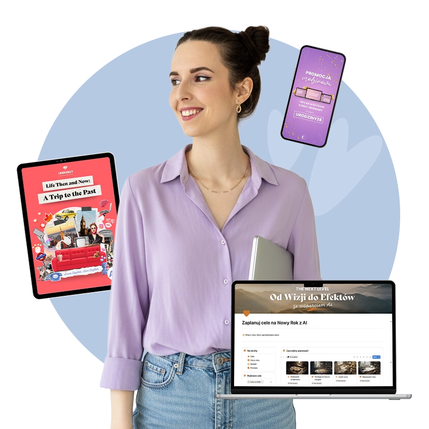 Graficzka Gloria - graficzka od ebook&oacute;w i projektantka system&oacute;w. Uśmiechnięta kobieta w fioletowej koszuli trzyma otwarty laptop wyświetlający planer cel&oacute;w AI "Od Wizji do Efekt&oacute;w". Wok&oacute;ł niej unoszą się tablet z okładką ebooka "Life Then and Now" oraz smartfon z ekranem promocji urodzinowej.